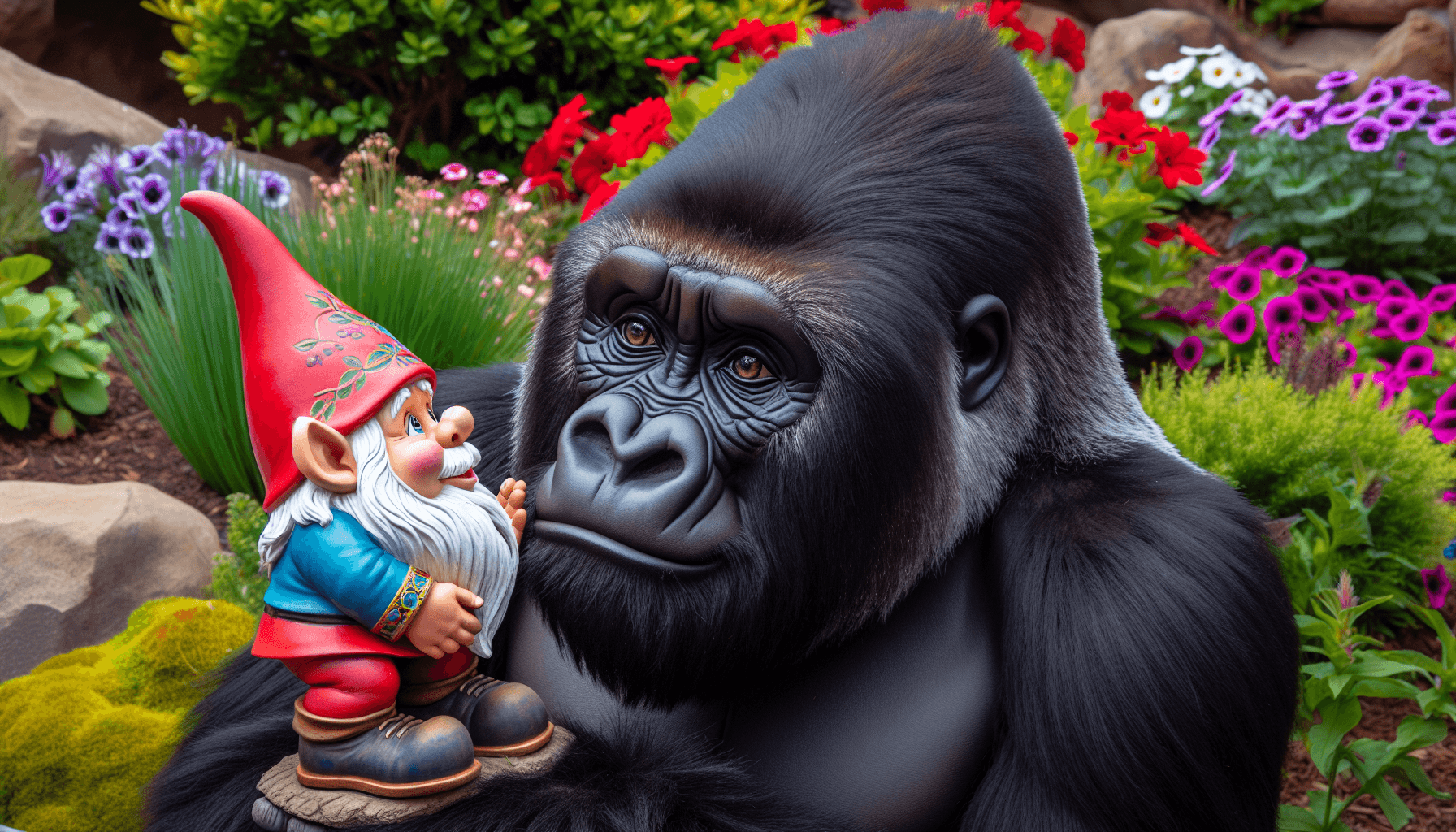 Koko meeting a garden gnome